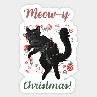 Meow-y Christmas! - Black Fluffy Cat Sticker